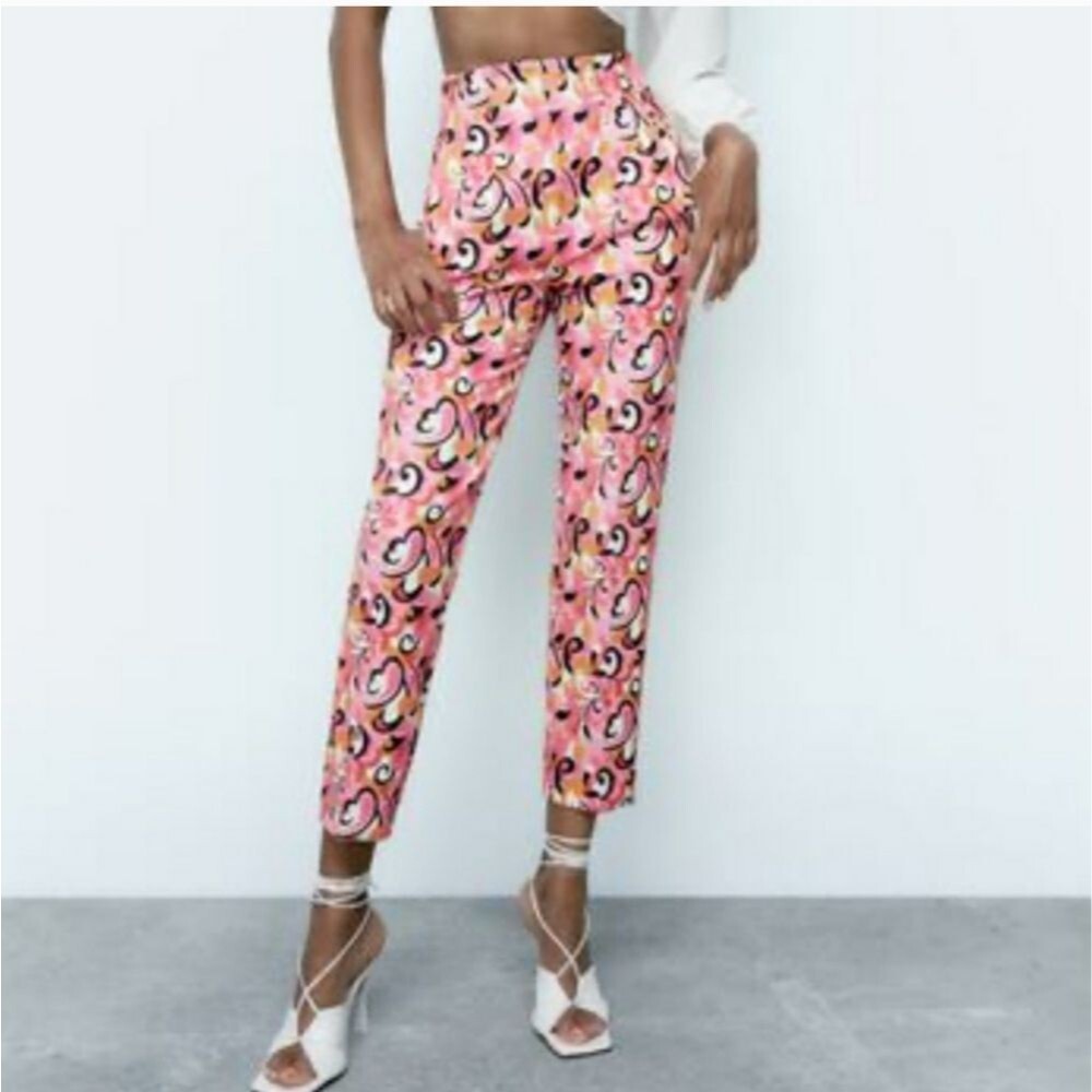 Zara Paisley High Waist Slim Cropped Pants Pink Women's Size XS